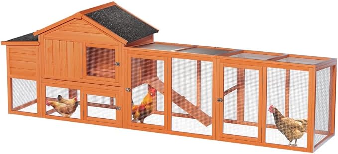 Large Wooden Chicken Coop for Outdoor Use with Run, Waterproof Roof, Anti-UV Protection, Removable Tray, and Nesting Box for 2-4 Hens (Natural + Wood)