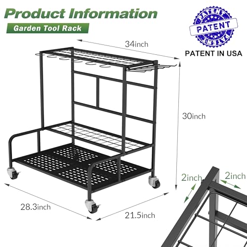 Garden Tool Organizer Rack with Wheels Up to 39 Tools - Black, Alloy Steel, Broom Holder & Garden Tool Rack for Shed - Image 2