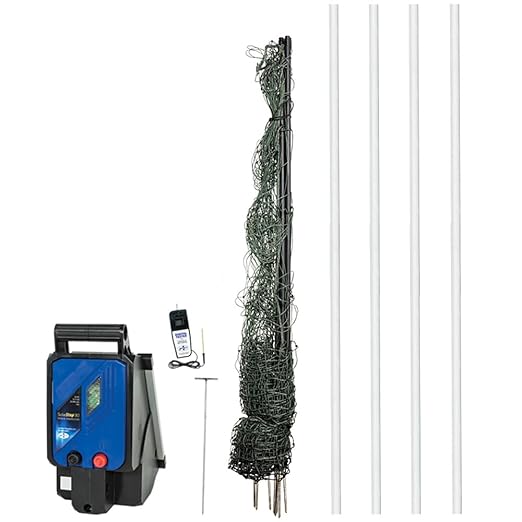 Premier 1 VersaNet® Plus, 60"H x 100'L Electric Garden Fence Starter Kit | 2" Strand Spacing at Bottom Keeps Varmints Out | Includes: Solar Energizer, FiberRod Support Posts and Tester | Green/Black
