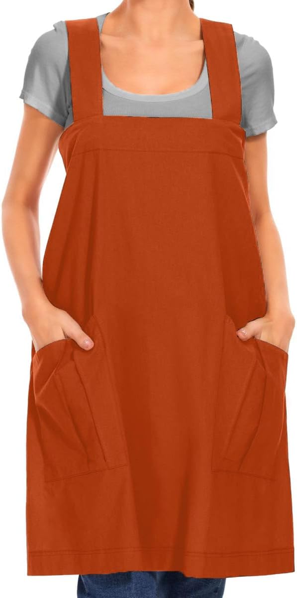 Larmliss Women's Cotton Cross Back Apron Pinafore Dress with Big Pockets Loose Square Apron for Baking Cooking Gardening