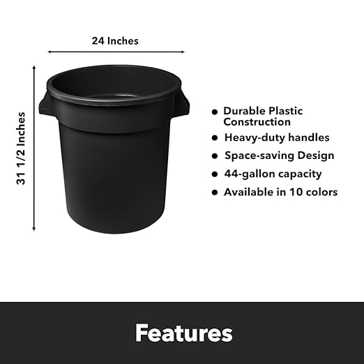 Feed and Seed Storage Container, 44 Gallon Black Round Commercial Trash Can/Ingredient Bin, Food Storage Plastic Bin, Use in Agricultural, Gardening, or Household