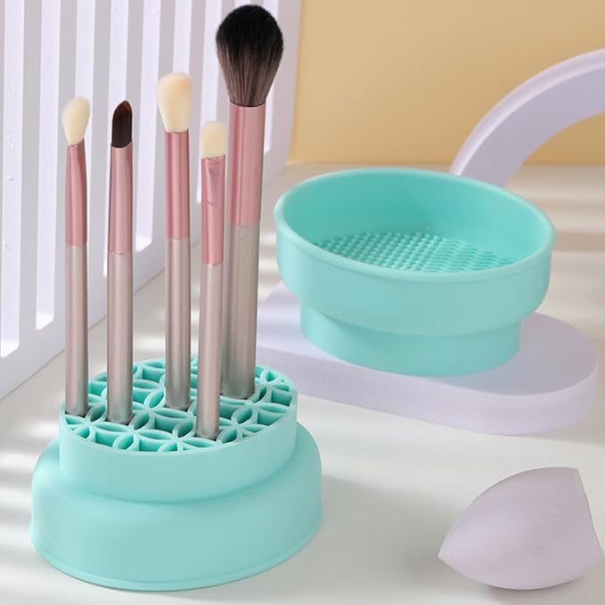 2 in 1 Makeup Brush Cleaning Mat with Brush Drying Holder Silicone Brush Cleaner Pad Cosmetic Brush Organizer Rack Portable Washing Tool for Makeup, 10.80X8.80X4.80CM, Green