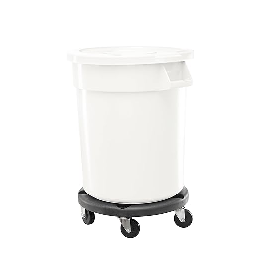 Feed and Seed Storage Container, 20 Gallon White Round Commercial Trash Can with Lid and Dolly, Food Storage Plastic Bin, Use in Agricultural, Gardening, or Household