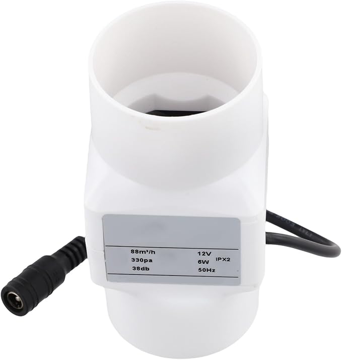 Duct Fan 12V 6W 2-Inch Inline Exhaust Blower, Quiet 38dB PVC Ventilation Fan for Kitchen, Bathroom, Chicken Coop, Warehouse Air Circulation, for 12V Solar Panel or Adapter(White)