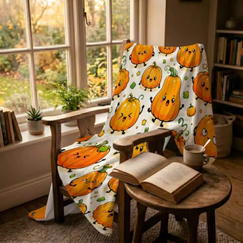 Kawaii Pumpkin Blanket, Happy Faces Fall Harvest Design 50×60 - 50"x60", Autumn Pumpkin, Polyester - Image 4