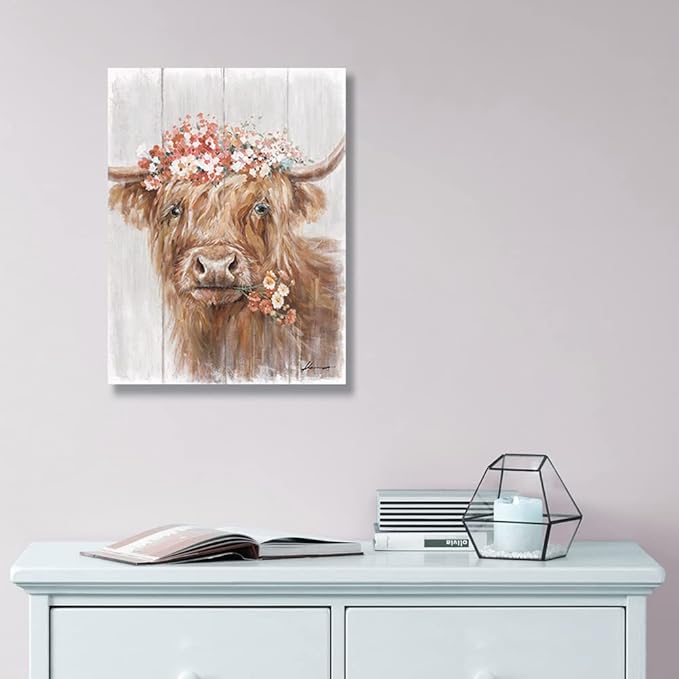 Highland Cow Canvas Farmhouse Decor: Funny Cow Wall Art with Flowers Staring at You Rustic Farm Wood Planks Unique Cattle Posters for Bathroom Framed Size 12"x15"