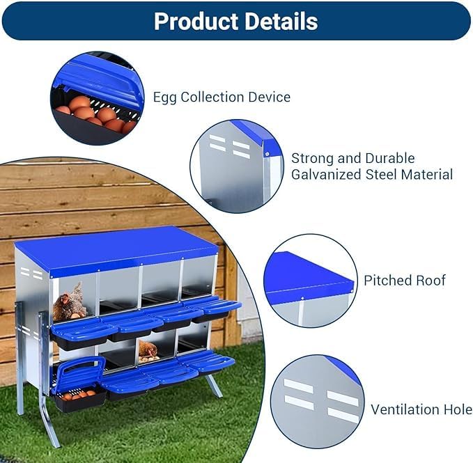 Chicken Nesting Box, 8-Compartment Egg Laying Box, Convenient for Collecting Eggs, Ventilated Poultry House Equipment in Metal Chicken Coop, Suitable for Hens and Ducks, (Blue, with Stand)