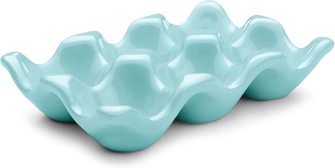 Flexzion Ceramic Egg Holder for Fridge - 6 Cups Egg Tray Half Dozen Porcelain Container Keeper Storage Organizer Decorative Serving Dish Serveware for Refrigerator Countertop Display Kitchen (Blue)