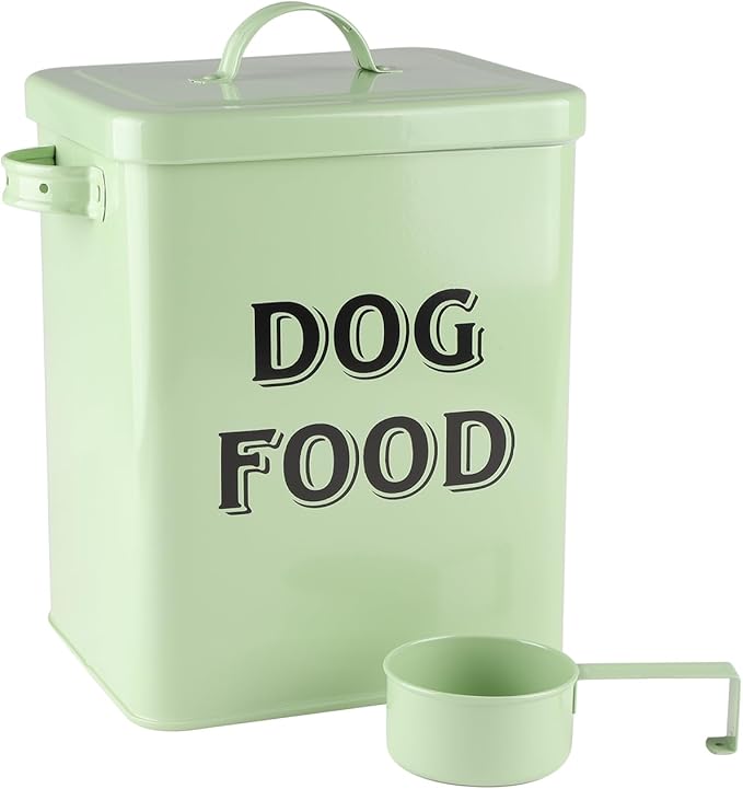 Dog Food Storage Container Farmhouse Pet Food Storage Containers with Lid and Scoop, Perfect Vintage Canister Treats Tin for Kitchen Countertop, Shelf, Great Gift for Pet Owners - Dog Food - Green