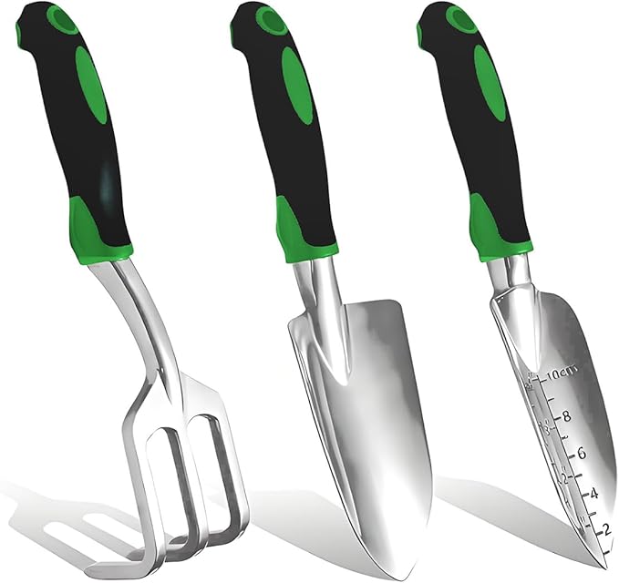 Garden Tools, Heavy Duty Cast-Aluminum Garden Tool Set with Hand Trowel, Transplant Trowel, Cultivator Rake, Soft Rubber Ergonomic Non-Slip Handle, Gardening for Home Gardeners (Basic Set (3 PCS))