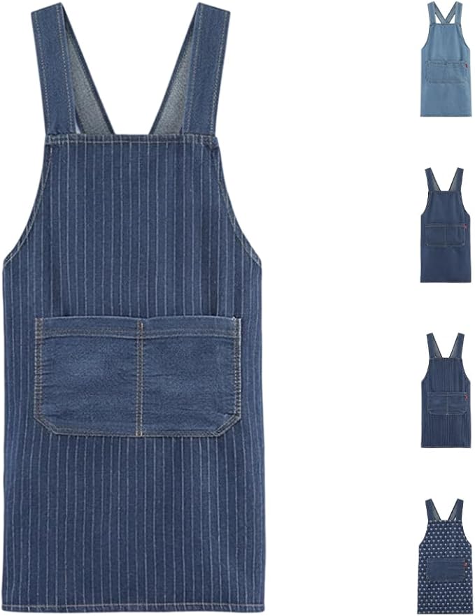 Apron with Pockets for Women and Men, Lightweight Cotton Jean Cross Back Apron with Front Pocket for Cooking Gardening