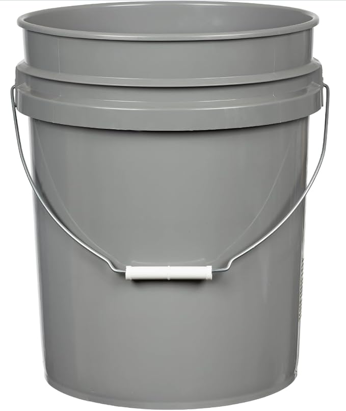 House Naturals 5 Gallon Food Grade Made in USA Plastic Bucket with Screw On Air Tight Double Gasket lid, (Pack of 3) (Gray Buckets-Yellow Lids)