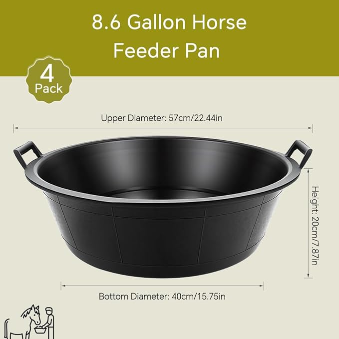 4Pcs Large Rubber Feeder Pan, 8.6 Gallon Horse Feed Bucket Water Bowl, Heavy Duty Horses Feed Bucket Dog Bowl Horse Feeder Pan for Cats Dogs Goats Chicken Dust Bath Container Farm Animal Feeding