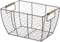 SEDLAV Rustic Farmhouse Brown Wire Basket with Wooden Handles - Vintage Chicken Wire Storage, Kitchen Organizer, Decorative Handwoven Bin for Eggs, Country Style Home Decor