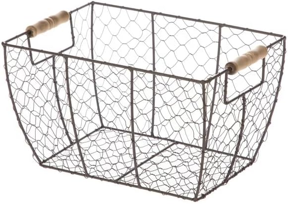 SEDLAV Rustic Farmhouse Brown Wire Basket with Wooden Handles - Vintage Chicken Wire Storage, Kitchen Organizer, Decorative Handwoven Bin for Eggs, Country Style Home Decor