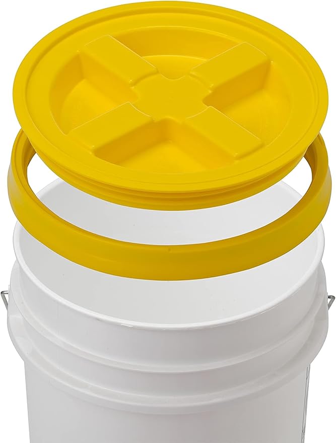 House Naturals Large 6 Gallon Food Grade BPA Free Made in USA Plastic Bucket Pail with Yellow Screw On Double Gasket Air Tight Lid (Pack of 2)