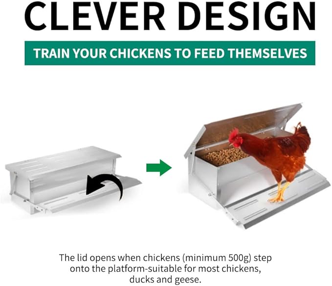 5L Automatic Chicken Feeder Poultry Treadle Galvanized Steel Trough for Roosters Pheasant Chicken Outdoor Coop, Rat Proof with Weatherproof Lid
