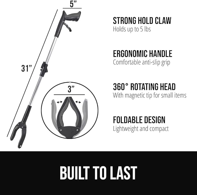 GORILLA GRIP Strong Rubber Lined Claw Grabber, Ergonomic Anti-Slip Reacher Tool for Seniors, 360 Magnetic Rotating Head Reaching Pick Up Stick, Foldable Trash Picker, Handicap Gripper, Gray