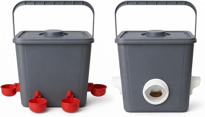 Chicken Feeder and Waterer Set (2.6 Gallon / 10L) – Square Automatic Poultry Dispenser Kit – Gravity Feed Ports & Drinking Cups – Durable Coop Accessories for Hens & Ducks (Grey)