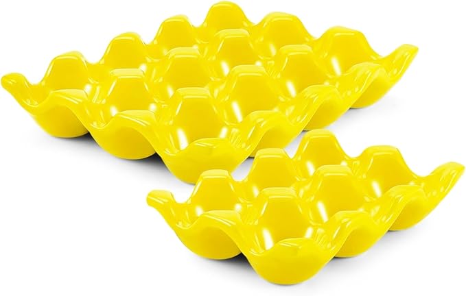Flexzion 12 + 6 Cups Ceramic Egg Holder for Fridge - 18 Porcelain Egg Tray Container Keeper Storage Organizer Decorative Serving Stand Serveware for Refrigerator Countertop Display Kitchen (Yellow)