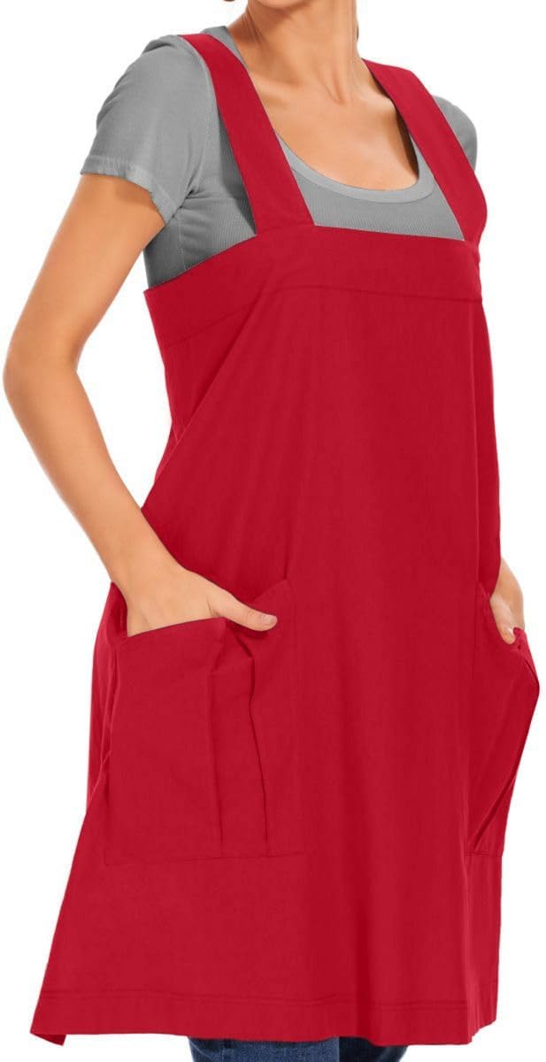 Larmliss Women's Cotton Cross Back Apron Pinafore Dress with Big Pockets Loose Square Apron for Baking Cooking Gardening