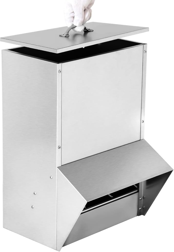 Galvanized Chicken Feeder, 30LBS Capacity Poultry Feeders No Waste, Rat Proof Hanging Chicken Feeder with Lid,Weatherproof Steel Outdoor Coop Food Dispenser for Chicken