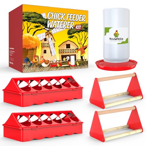 Chick Feeder and Waterer Kit, Baby Chicken Supplies with Chicks Perch - Red 1, Plastic, 5 Pack, Plastic Feeder Trough and 1.2L Waterer by Kculehtlla