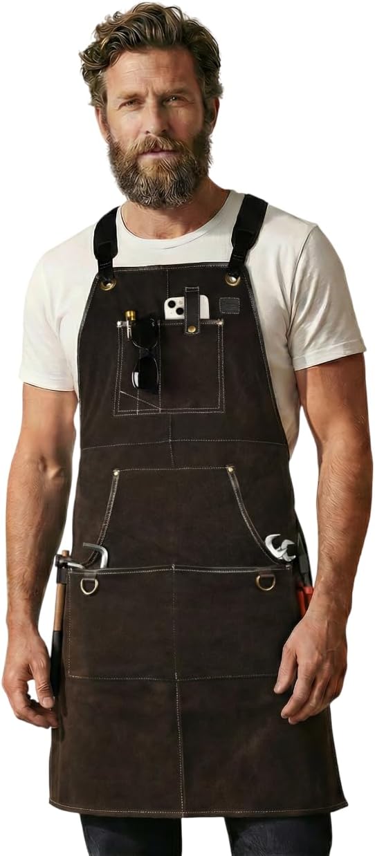 LEATHER VILLAGE Work Apron - Heavy Duty Woodworking Apron for Men with Tool Pockets for Woodworkers, Blacksmiths, Carpenters – Brown Color (Size M to XXL)