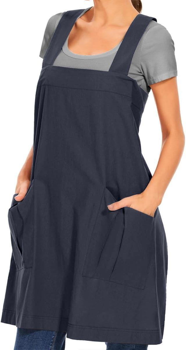 Larmliss Women's Cotton Cross Back Apron Pinafore Dress with Big Pockets Loose Square Apron for Baking Cooking Gardening