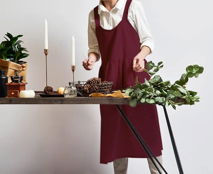 NEWGEM Cotton Linen Cross Back Apron for Women with Pockets Cute Kitchen Cooking Painting Aprons Purplish Red