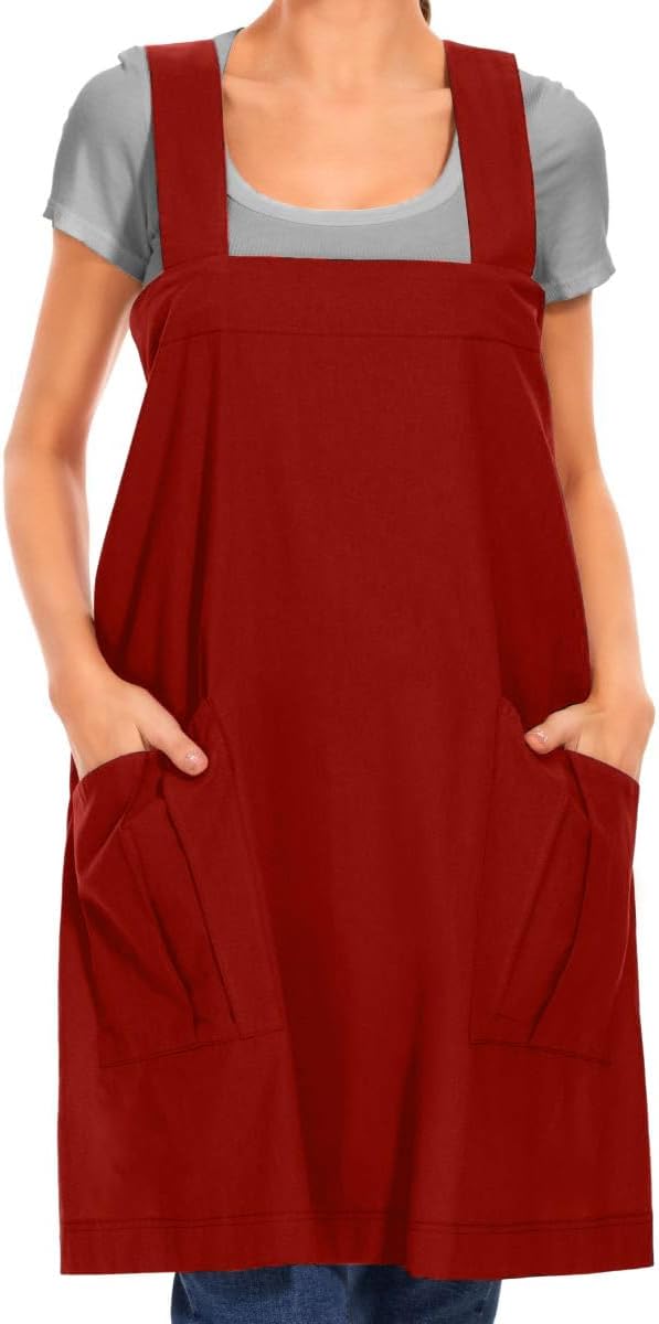 Larmliss Women's Cotton Cross Back Apron Pinafore Dress with Big Pockets Loose Square Apron for Baking Cooking Gardening
