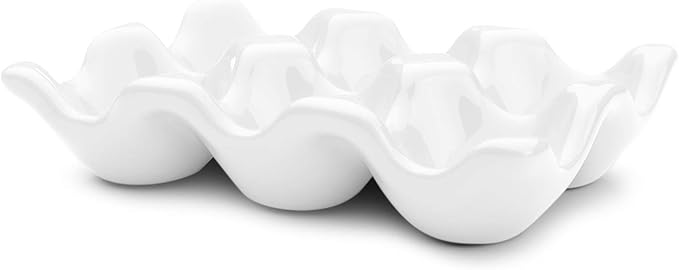 Flexzion Ceramic Egg Holder for Fridge - 6 Cups Egg Tray Half Dozen Porcelain Container Keeper Storage Organizer Decorative Serving Dish Serveware for Refrigerator Countertop Display Kitchen (White)