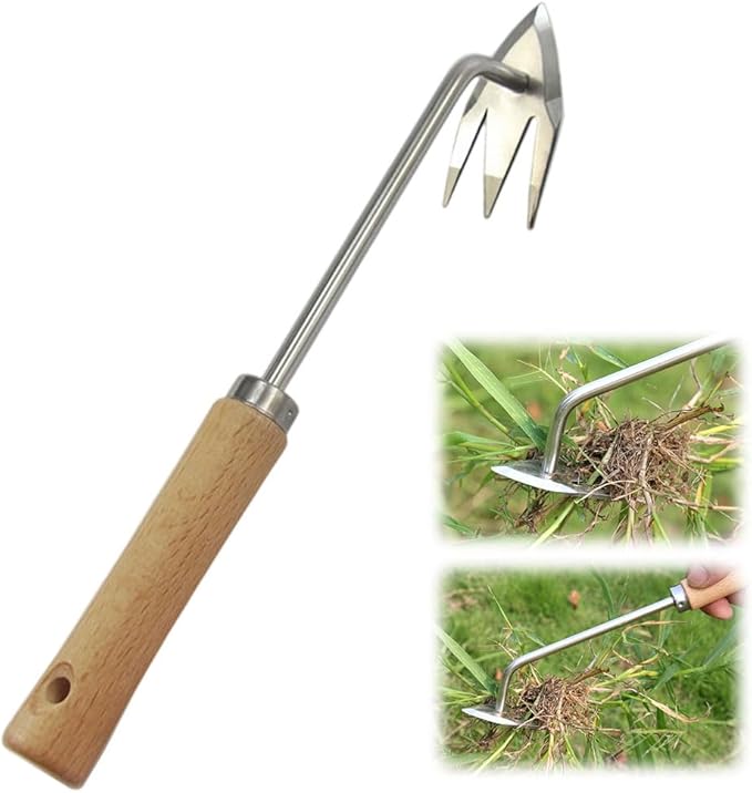 Manual Weed Puller Tool, 2025 New Weeding Artifact Uprooting Weeding Tool, 3 Tooth Manganese Steel Weed Remover Tool for Gardening Backyard Farm (Wood Handle)
