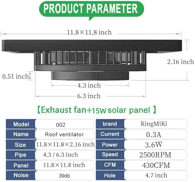 Solar Exhaust Fan, 2500RPM High CFM Ventilation for Up to 500 Sq.Ft Solar Attic Fan, IP65 Waterproof, Auto On/Off, Whisper Quiet - Easy DIY Installation for Garage, Greenhouse, Shed, Roof Vent (15W)