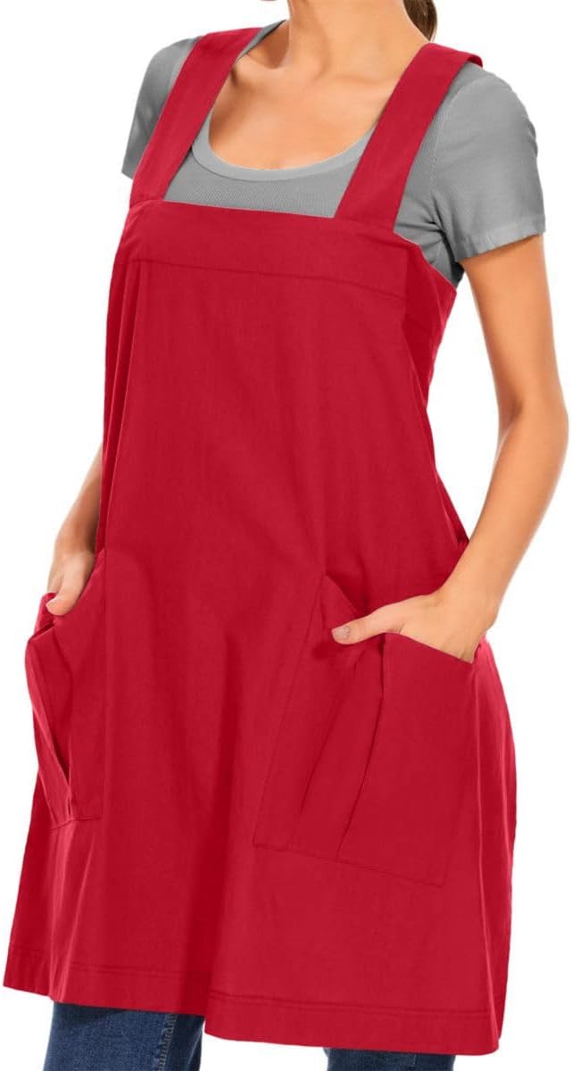 Larmliss Women's Cotton Cross Back Apron Pinafore Dress with Big Pockets Loose Square Apron for Baking Cooking Gardening