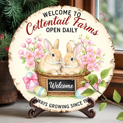 Welcome to Cottontail Farms Round Aluminum Metal Sign Retro Easter Eggs Sign for Home - 8x8 Inch - Image 3
