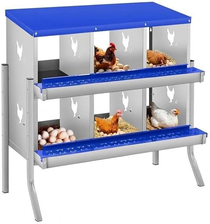 Removable Tray & Two-Tier Build - Chicken Nesting Box for Small Animals - 6 Compartments, Roll Away Metal Egg Laying Box, Large Vented Holes, Wall Mount or with Legs, Easy Clean - Blue, 84.5cm