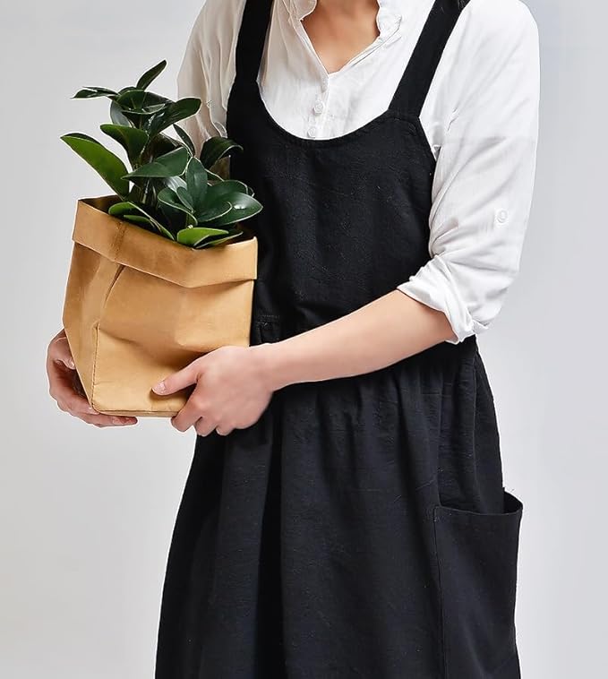 Cotton and linen Kitchen Cooking Aprons Dress for Women with Pockets Cute for Baking Painting Gardening Cleaning