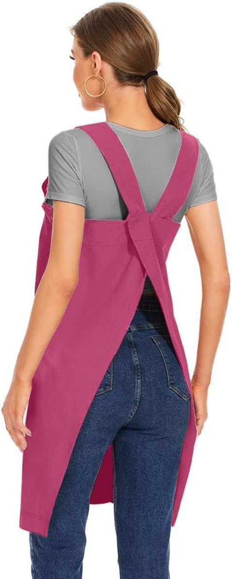 Larmliss Women's Cotton Cross Back Apron Pinafore Dress with Big Pockets Loose Square Apron for Baking Cooking Gardening