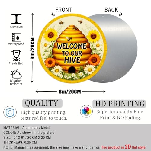 Welcome to Our Hive Round Aluminum Sign Retro Sunflowers Sign for Home Farmhouse Wall - 8x8 Inch - Image 2