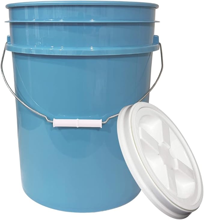 House Naturals 5 Gallon Food Grade BPA Free Bucket Pail with Air Tight Double Gasket Screw on Lid (Pack of 2) Light Blue and Green containers with White lids