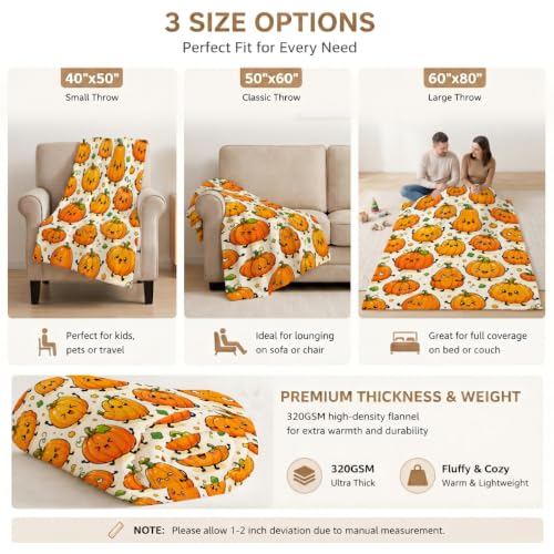 Kawaii Pumpkin Blanket, Happy Faces Fall Harvest Design 50×60 - 50"x60", Autumn Pumpkin, Polyester - Image 7