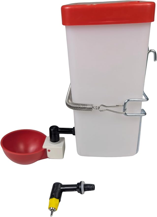 Hen's Choice™ 1L (32 oz) Drinker W/Cup, Nipple, & Wire Bracket for Poultry & Small Animals, Chick Waterer, Red