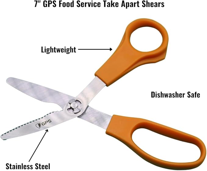 GPS 7"" Take Apart Kitchen Safety Shears, Orange Handle, Food Grade, Stainless Steel, Used For Chicken/Poultry/Fish/Meat/Vegetables and More