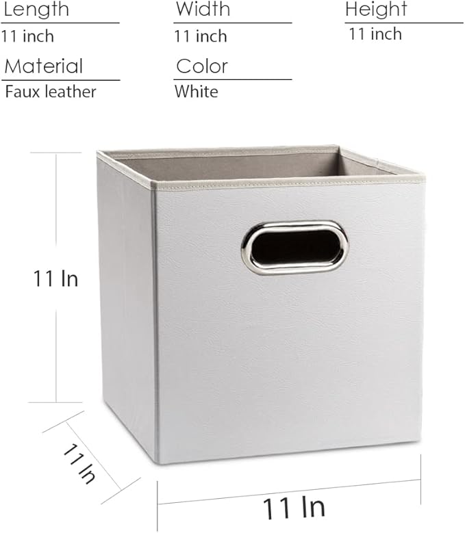PRANDOM Leather Foldable Cube Storage Bins 11x11 inch [4-Pack] Fabric Storage Baskets Cubes Drawer with Cotton Handles Organizer for Shelves Nursery Closet Bedroom Clothes White