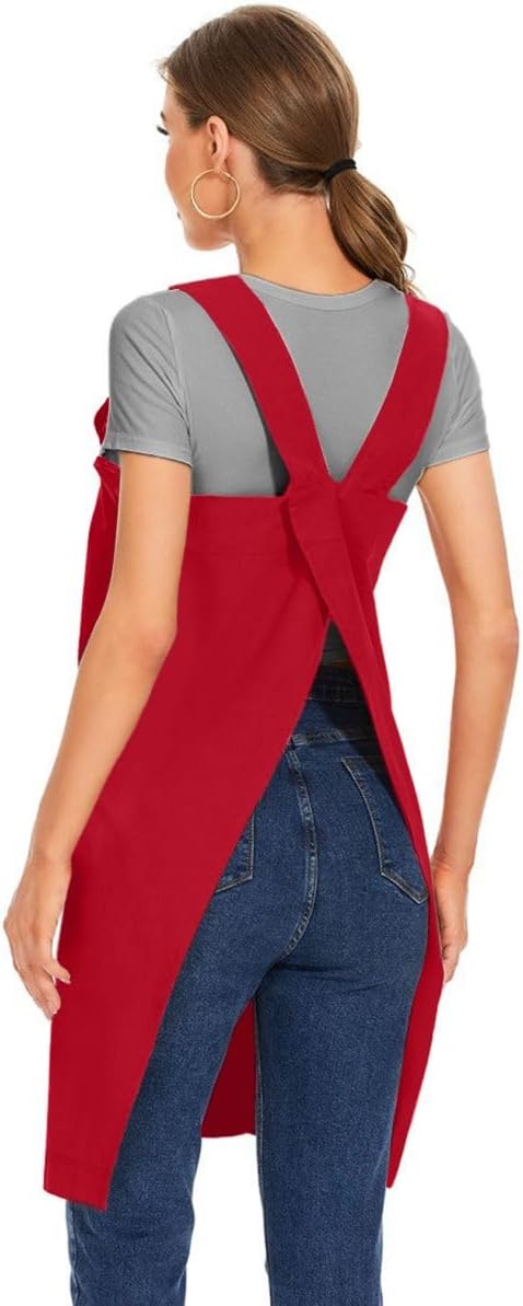 Larmliss Women's Cotton Cross Back Apron Pinafore Dress with Big Pockets Loose Square Apron for Baking Cooking Gardening