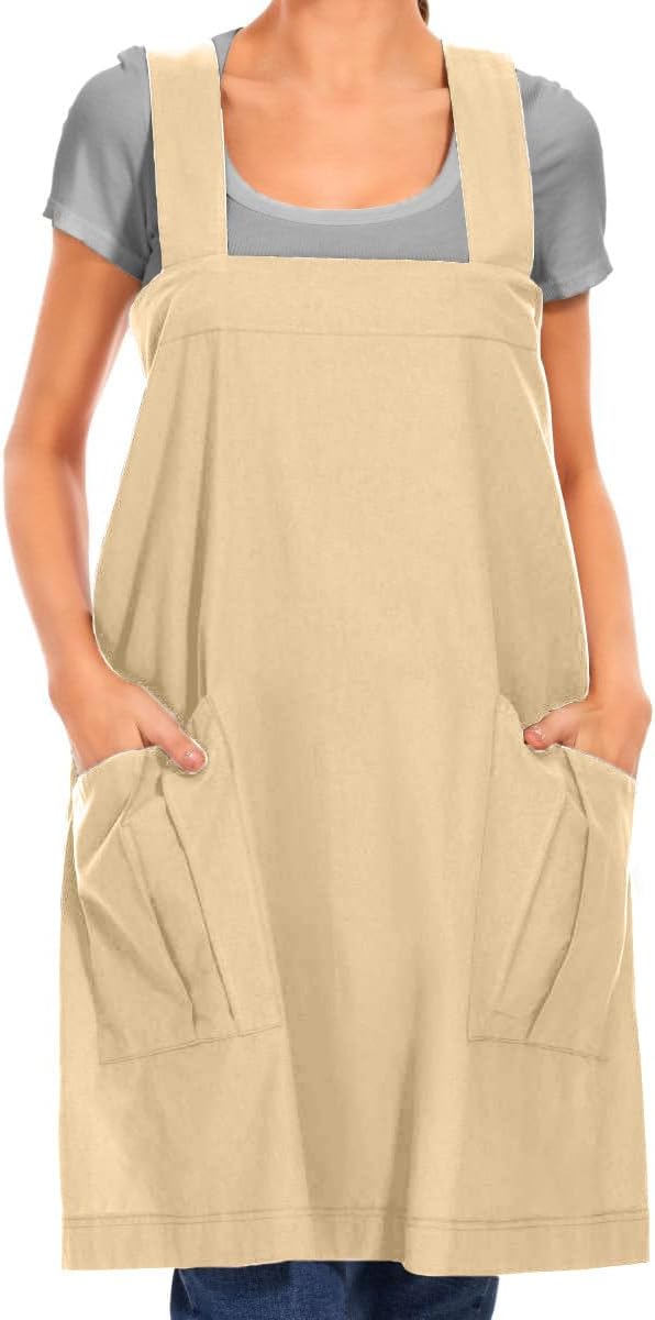 Larmliss Women's Cotton Cross Back Apron Pinafore Dress with Big Pockets Loose Square Apron for Baking Cooking Gardening