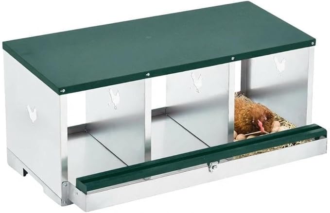 Sturdy Metal Chicken Nesting Box – 3 Compartments Single Layer with Lid, Swing Perch & Roll Away Egg Collection, Large Vented Holes, Wall Mountable – Green, Single Layer 3 Compartments