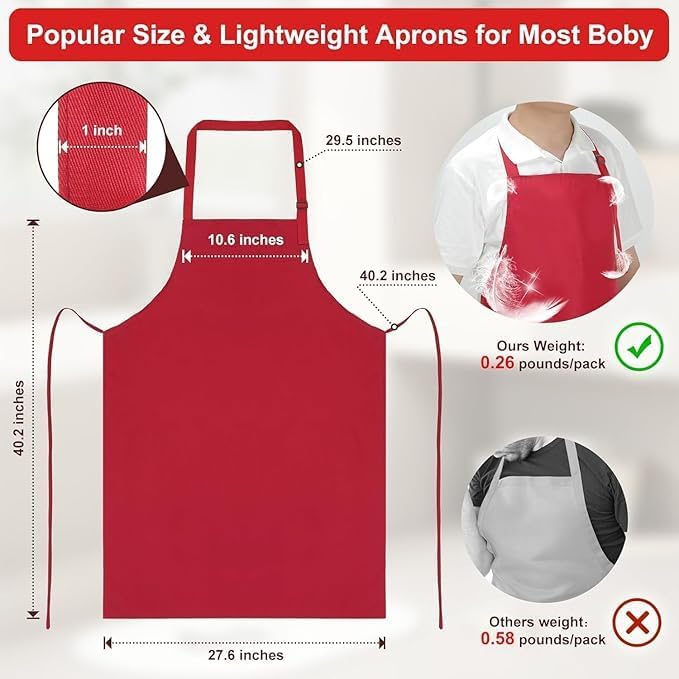 3-Layer Waterproof Apron - Pocket-Free Hygienic Design for Dishwashing & Dog Grooming - Lightweight Durable Protection for messy Kitchen Cooking, Baking, for Men & Women (2 Pack,Red)
