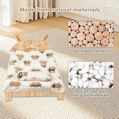 Large Wooden Bunny Bed, 2-in-1 Rabbit Bed with Pillow and Mat - 20.4"L x 14"W x 3.9"H (52x36x10 cm) - Image 2